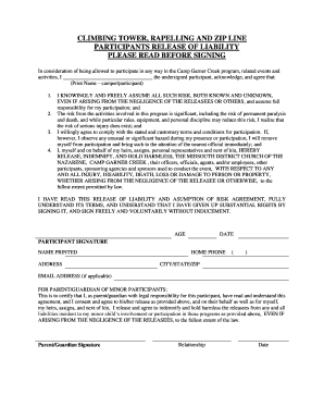 Climbing Tower, Rappelling and Zip Line Liability Waiver