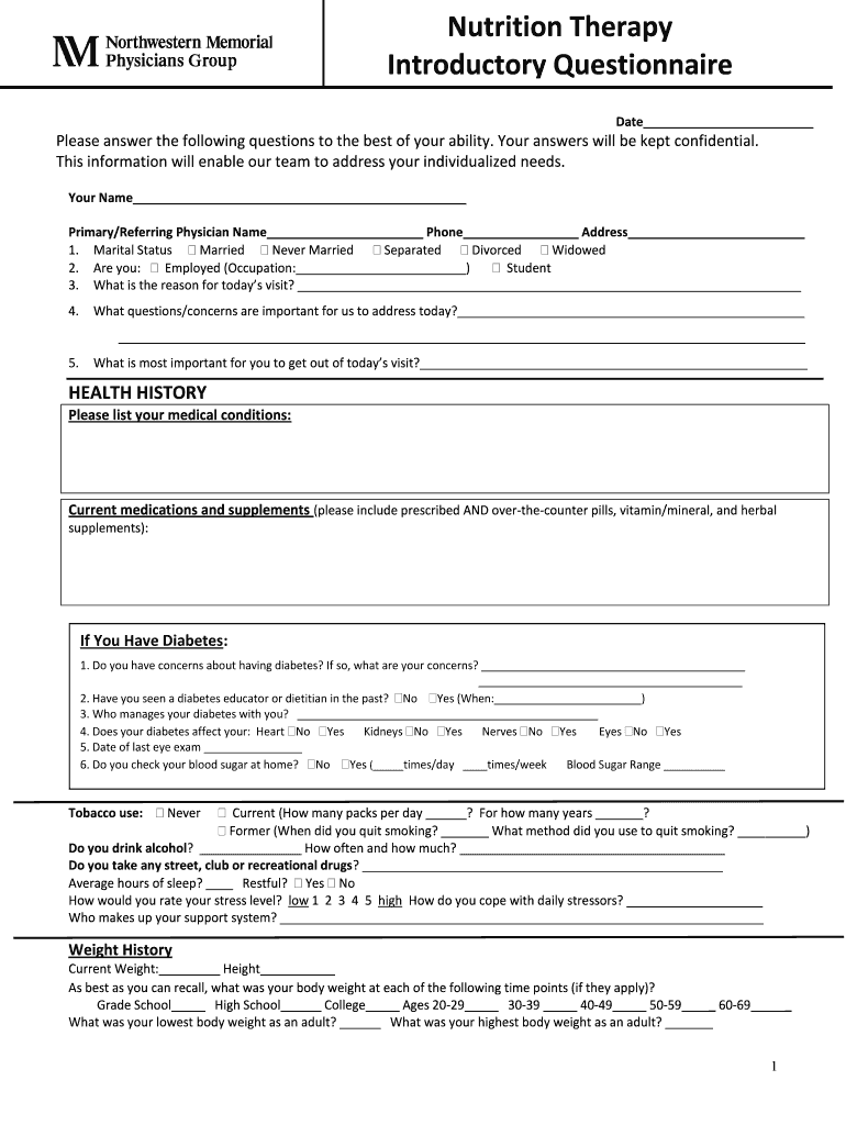 Nutrition Therapy Introductory Questionnaire - nmg nm Preview on Page 1