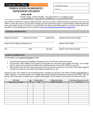 Occidental College Verification Worksheet