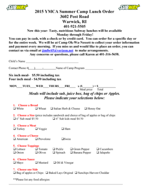 Subway job application - 2015 Summer Camp Subway Lunch Order form - Ymca - ymcagreaterprovidence