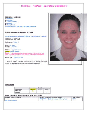 Waitress Hostess Secretary Job Application