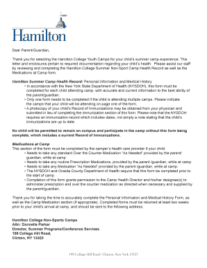 Hamilton College Summer Camp Health Record