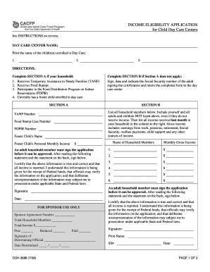 Income Eligibility Application for Child Day Care Centers