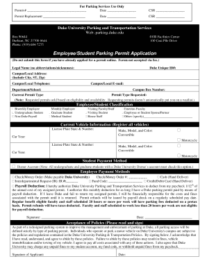 Duke University Employee Student Parking Permit Application
