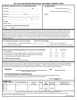 2011-2012 Inactivated Injectable Influenza Consent Form