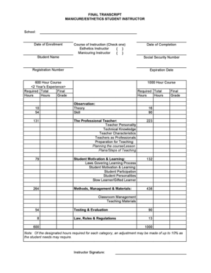 Manicure/Esthetics Student Instructor Form
