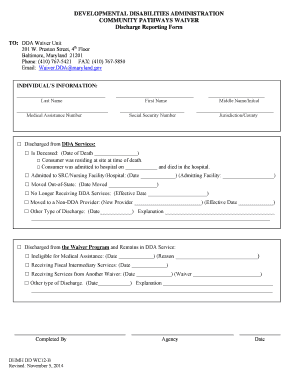 Maryland DDA Waiver Discharge Reporting Form