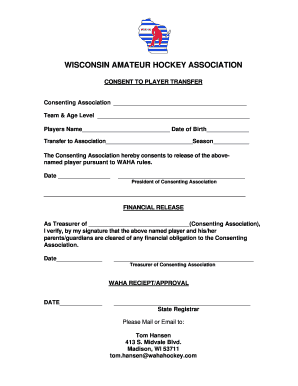 Wisconsin Amateur Hockey Association Player Transfer Consent