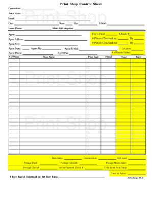 Print Shop Control Sheet