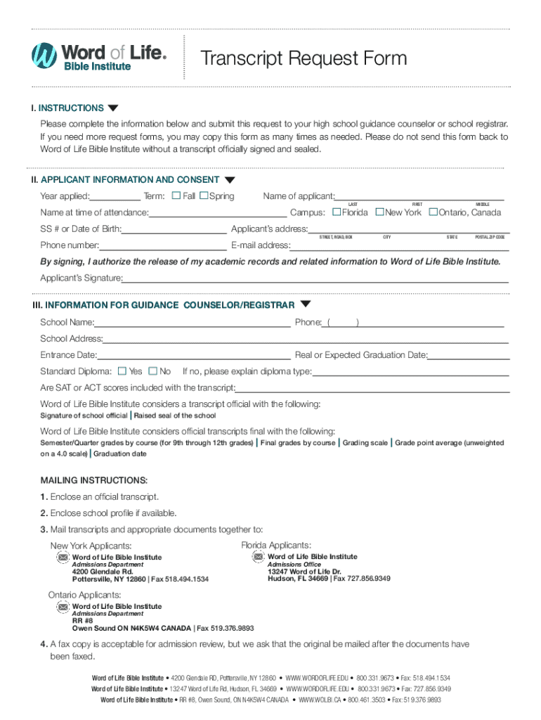Fillable Online Transcript Request Form 2023 - Word of Life Bible ...