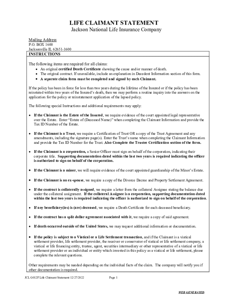 Life Claimant Statement Preview on Page 1
