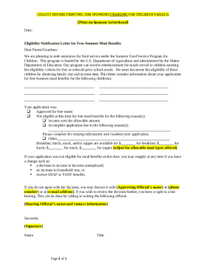 Eligibility Notification Letter for Free Summer Meal Benefits