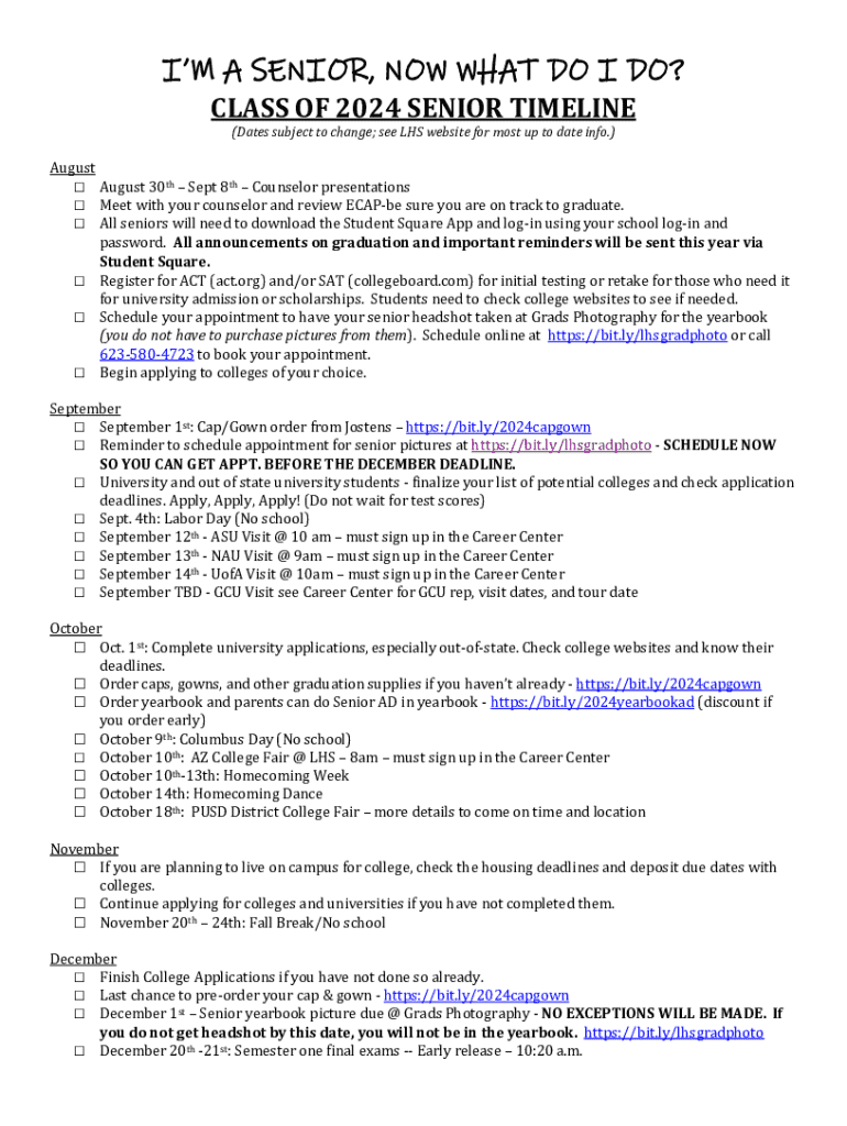 Fillable Online Essential Senior Timeline for Class of 2024: Important ...