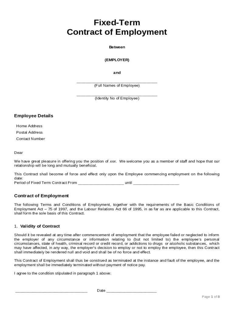 Fixed Term Contract Of Employment Blank Fillable Template Fill Out 