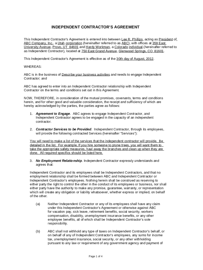 Independent Contractor #39 s Agreement Doc Template pdfFiller