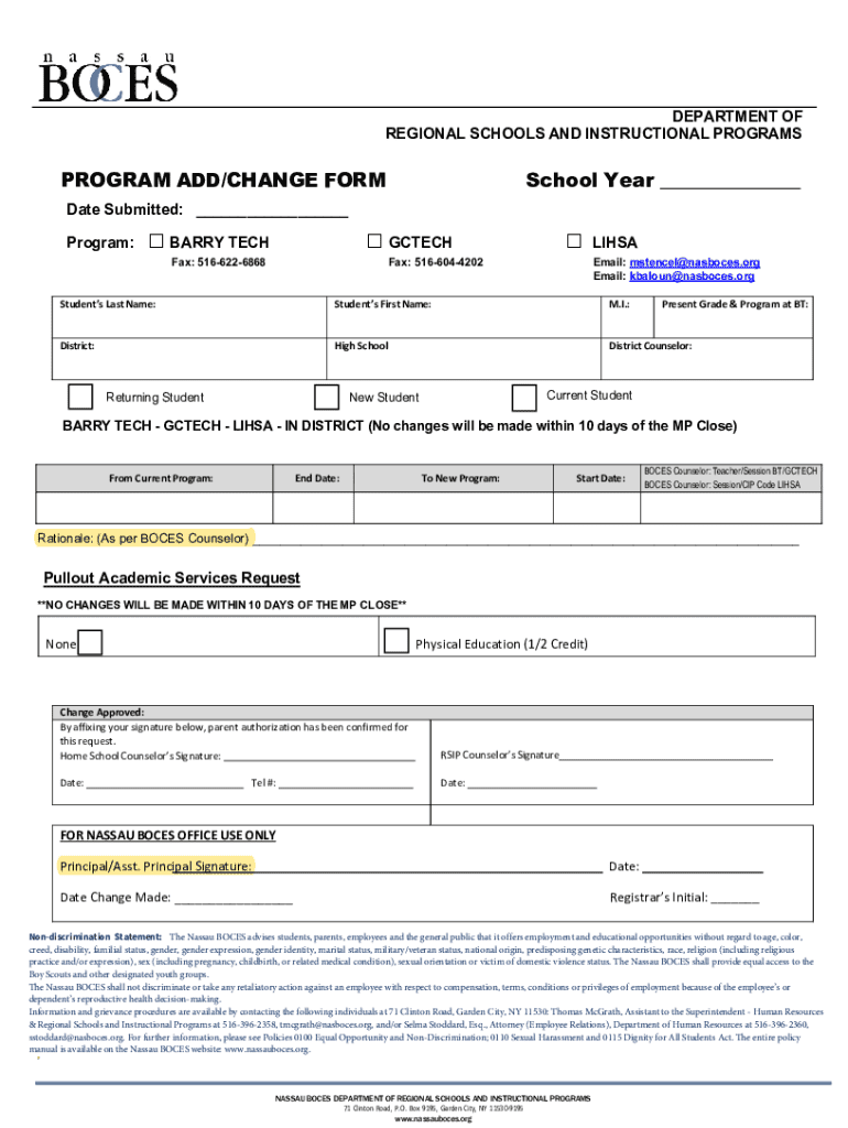 Fillable Online Program Add/change Form 2023 | Nassau Boces Regional ...