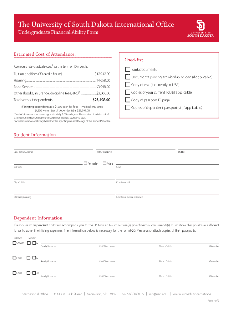 Undergraduate Financial Ability Form Preview on Page 1