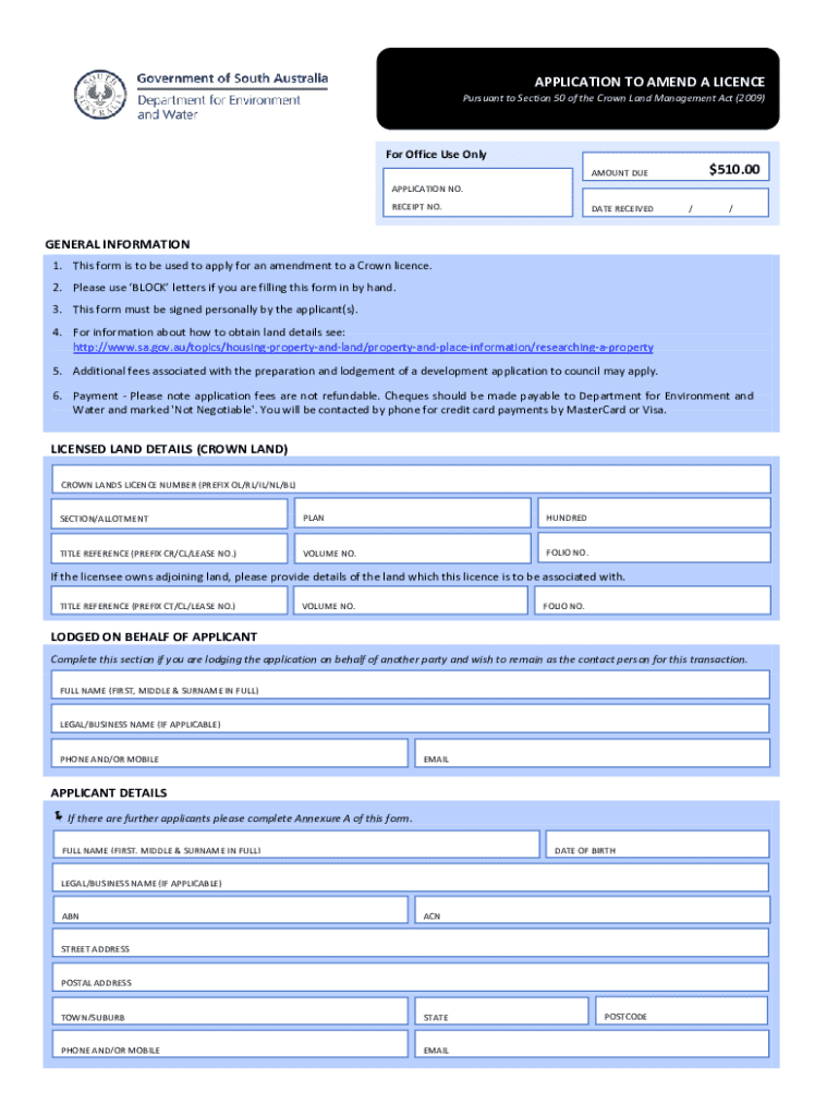 Fillable Online Application to Amend a Licence Crown Land Management
