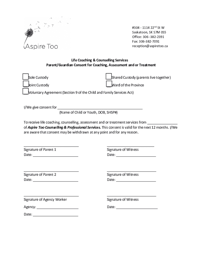 Fillable Online Parent Consent Form for Life Coaching & Counseling ...