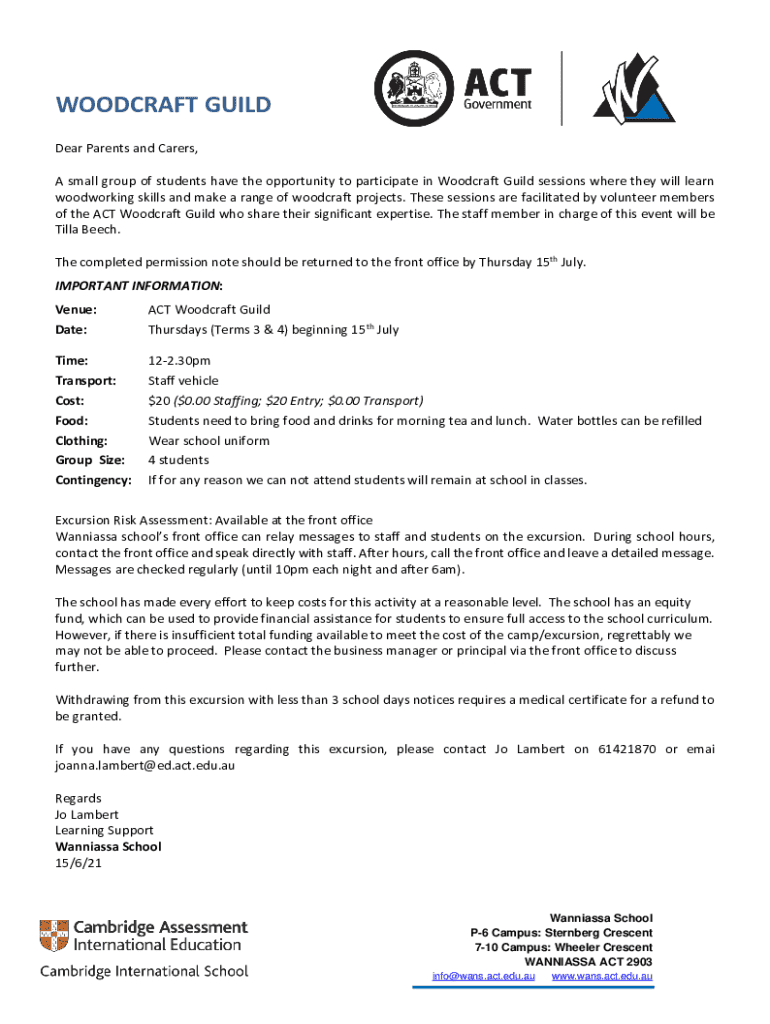 Fillable Online Woodcraft Guild Excursion Permission Note for Students ...