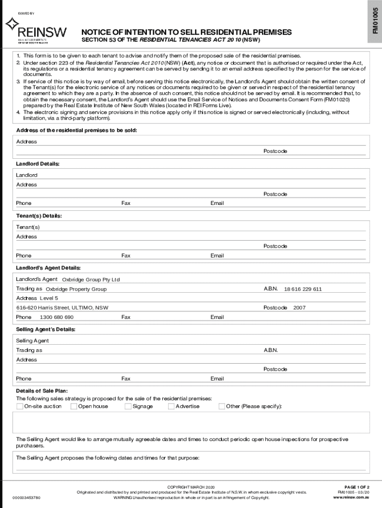 NOTICE OF INTENTION TO SELL RESIDENTIAL PREMISES Preview on Page 1
