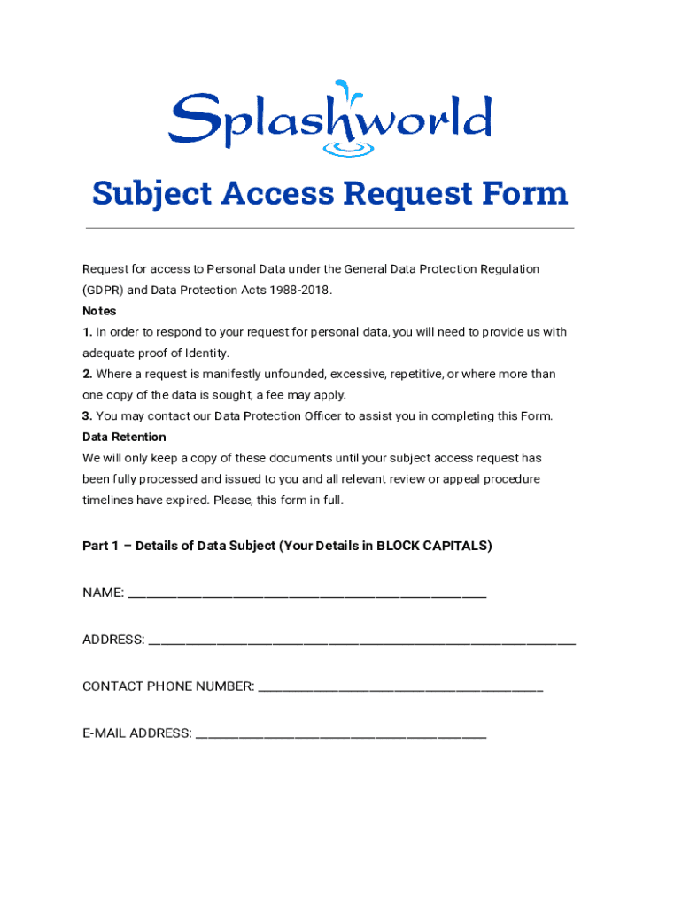 Fillable Online Subject Access Request Form for Personal Data Access ...