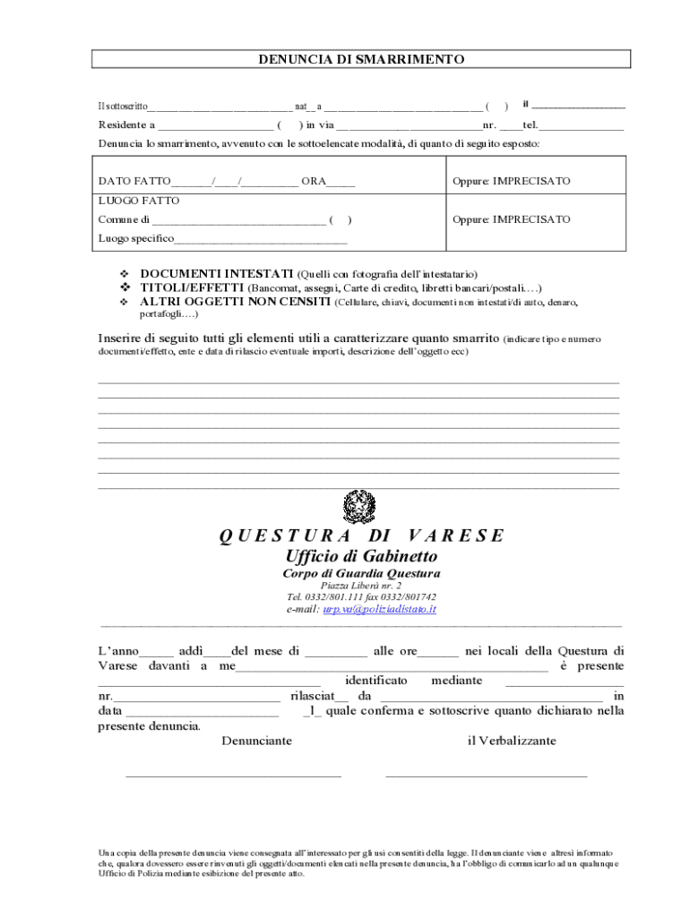 Denuncia di Smarrimento Preview on Page 1