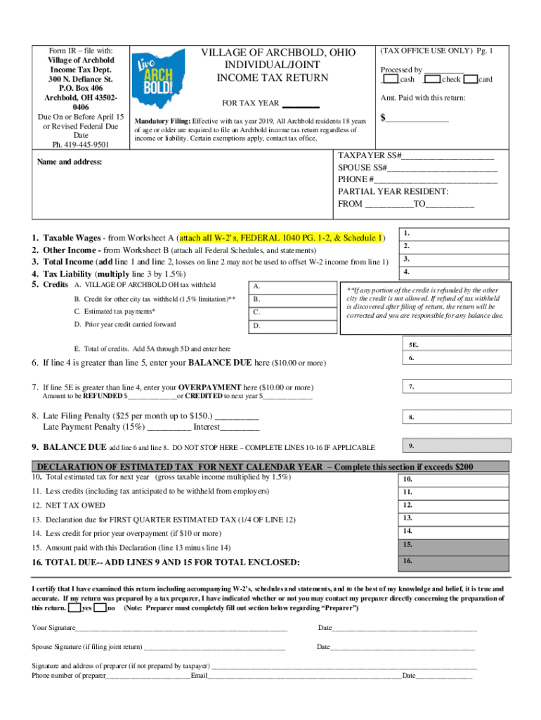 Archbold Income Tax - Fill Online, Printable, Fillable, Blank Preview on Page 1