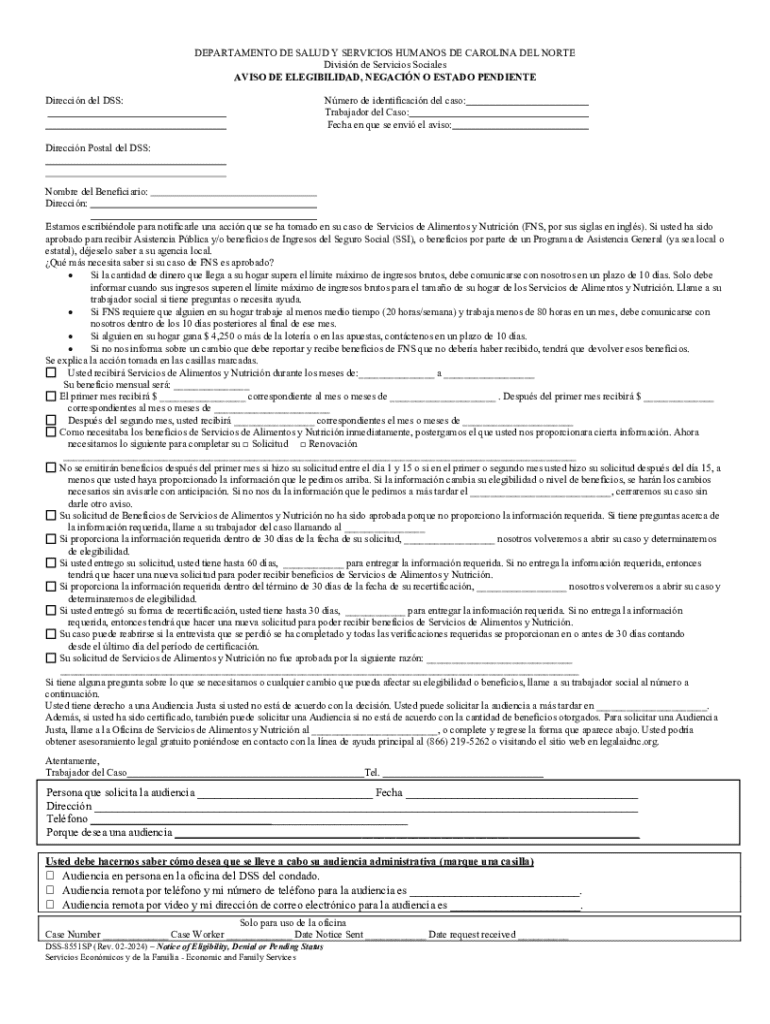 DSS-8551 Notice of Eligibility, Denial, or Pending Status (Spanish Version) Preview on Page 1