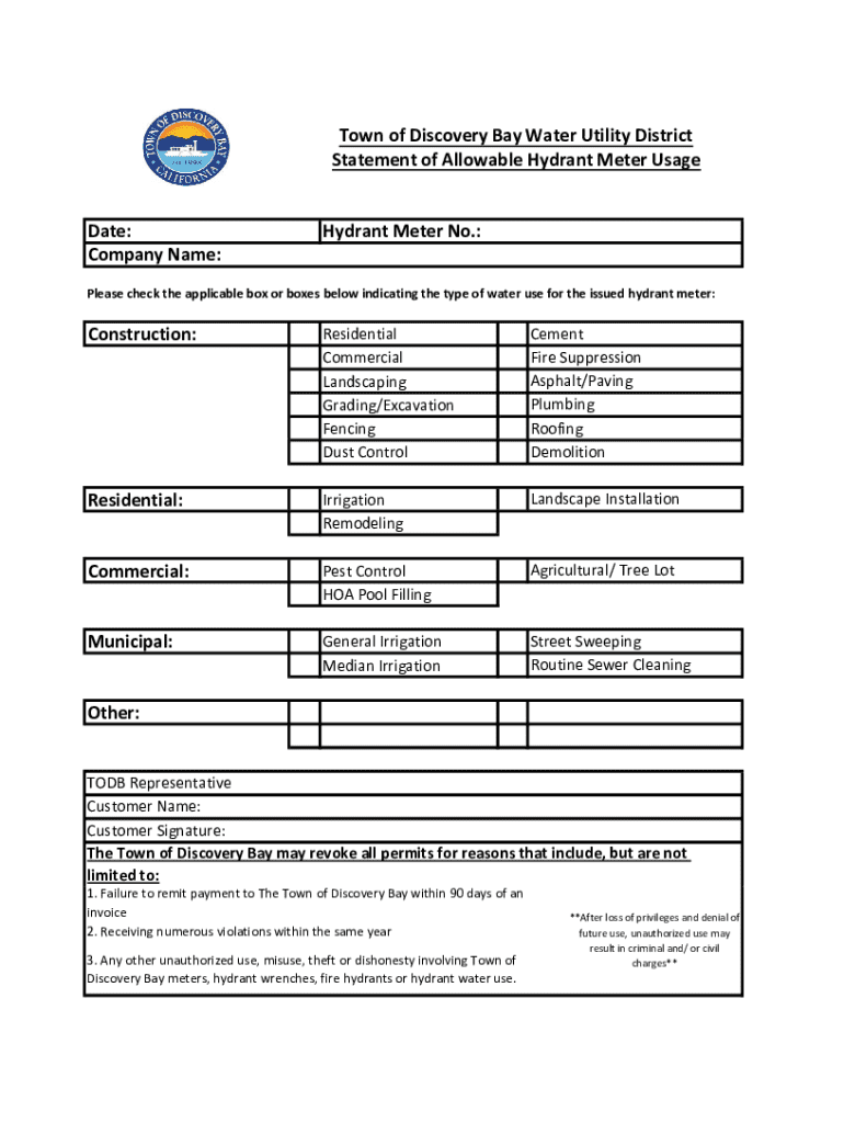 Fillable Online Hydrant Meter Usage Guidelines 2023 - Town of Discovery ...