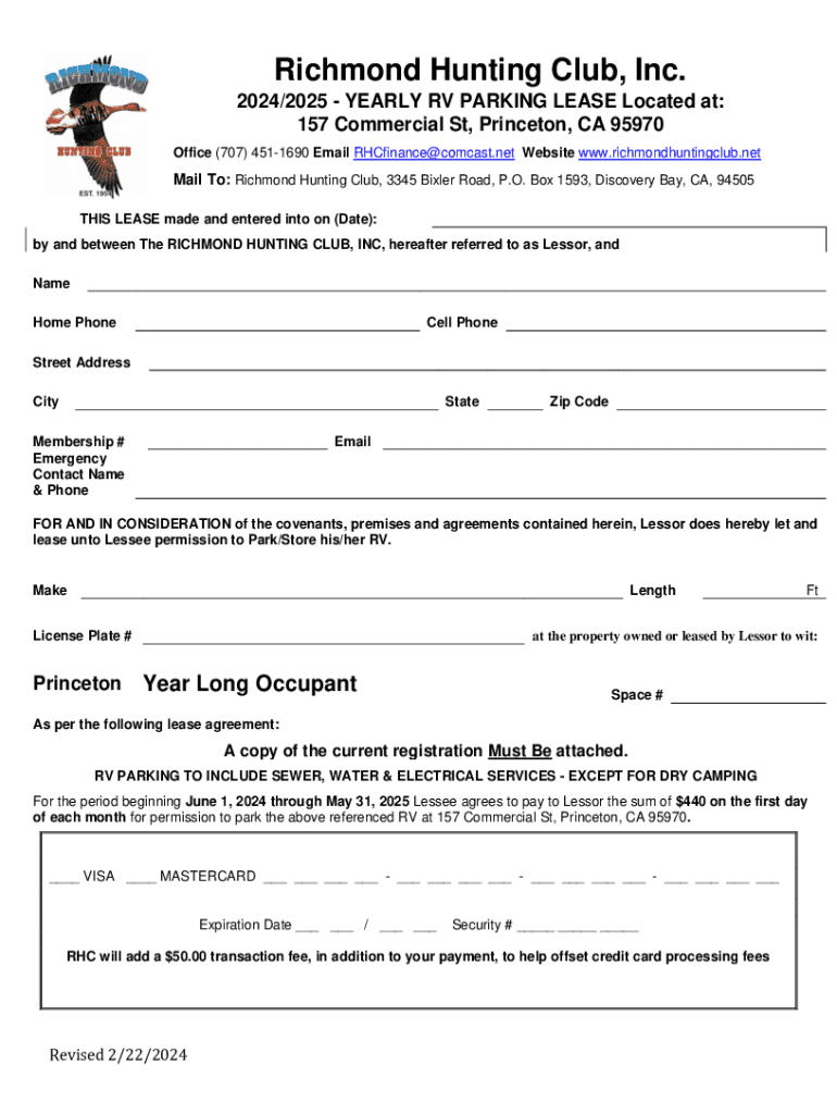 2024 2025 - YEARLY RV PARKING LEASE Located at Preview on Page 1