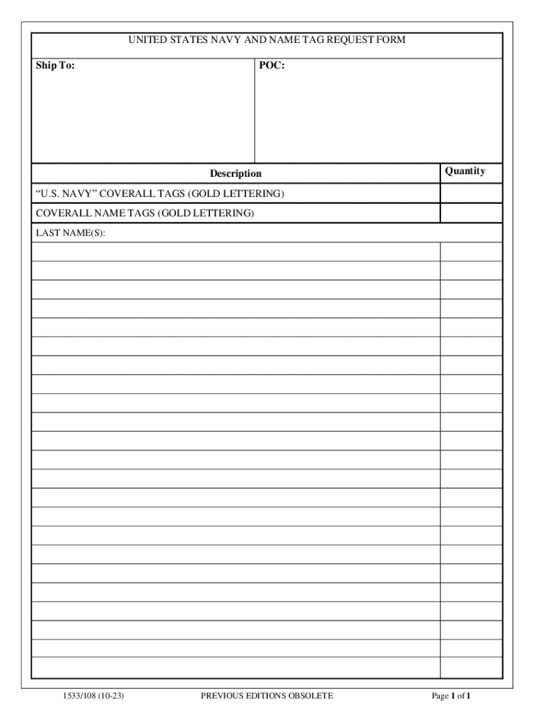 UNITED STATES NAVY AND NAME TAG REQUEST FORM Ship To Preview on Page 1