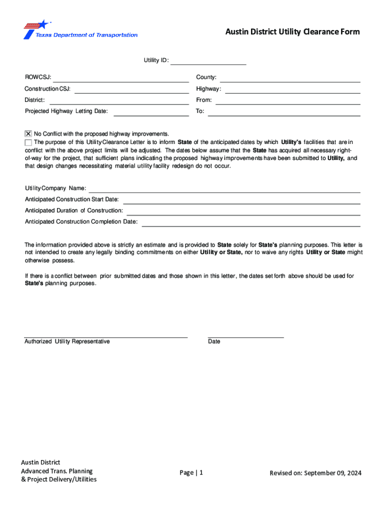 Austin District Utility Clearance Form Austin District Forms Preview on Page 1