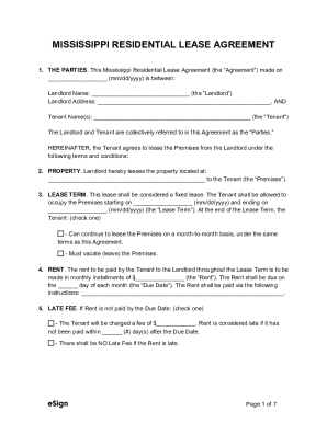 Mississippi Standard Lease Agreement Residential Form