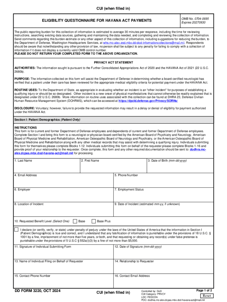 DD Form 3220, "ELIGIBILITY QUESTIONNAIRE FOR HAVANA ACT PAYMENTS" Preview on Page 1