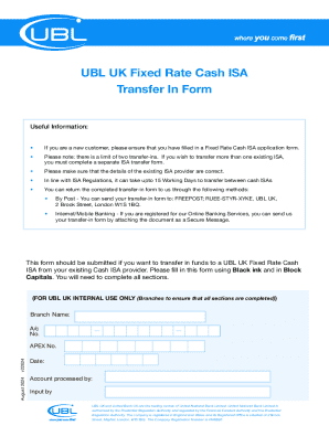 UBL UK Fixed Rate Cash ISA Transfer Form