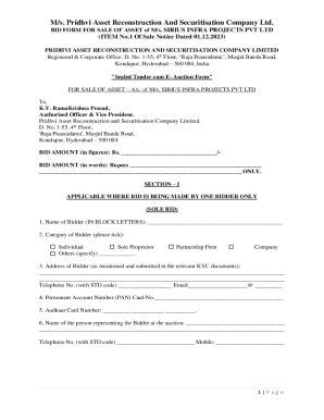 BID FORM FOR SALE OF ASSET of M/s. SIRIUS INFRA ...
