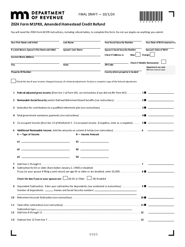 M1PRX, Amended Homestead Credit Refund for Preview on Page 1