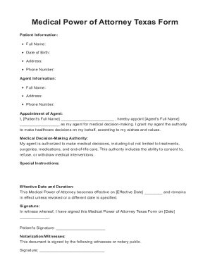 Medical Power Of Attorney Texas Form PDF. Create a legally binding Medical Power of Attorney Texas form to ensure your healthcare decisions are respected even when you can't voice them.