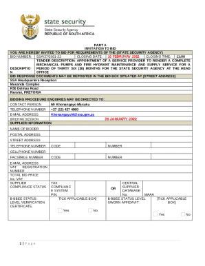 TENDER DESCRIPTION: APPOINTMENT OF A SERVICE PROVIDER TO RENDER A COMPLETE MECHANICAL PUMPS AND FIRE HYDRANT MAINTENANCE AND SUPPLY SERVICE FOR A PERIOD OF THIRTY SIX (36) MONTHS FOR THE STATE SECURITY AGENCY AT THE HEAD OFFICE