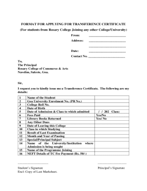 Transference Certificate Application.
