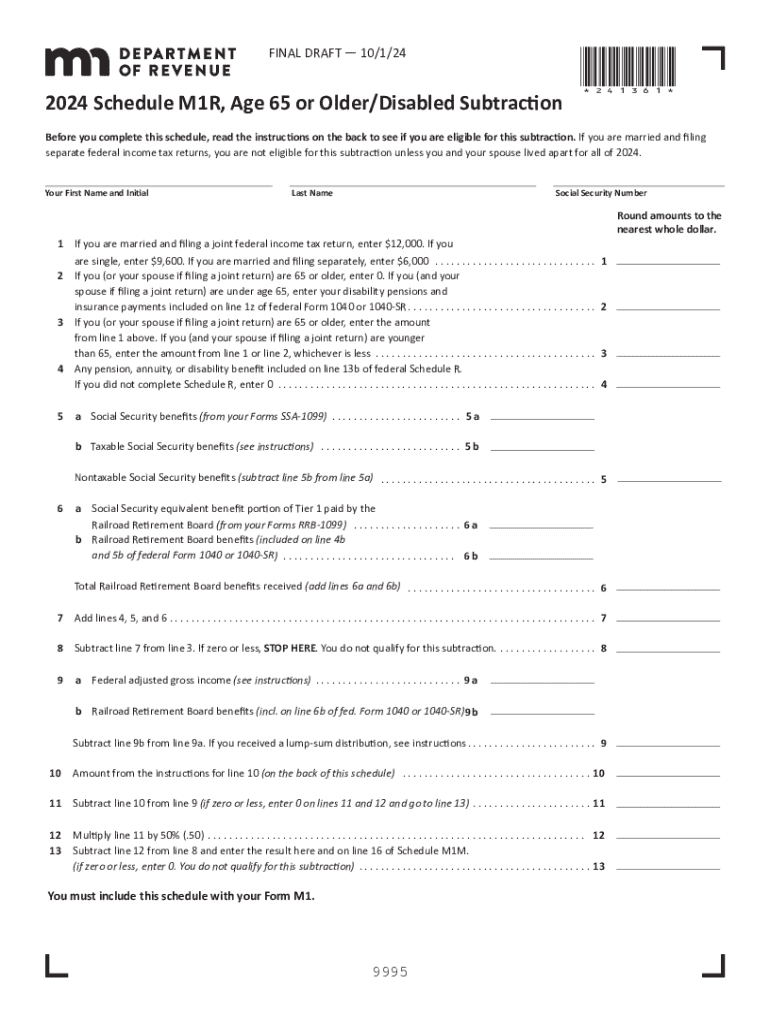 2024 M1R, Age 65 or Older Disabled Subtraction 2024 M1R, Age 65 or Older Disabled Subtraction Preview on Page 1