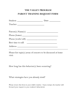 the valley program parent training request form
