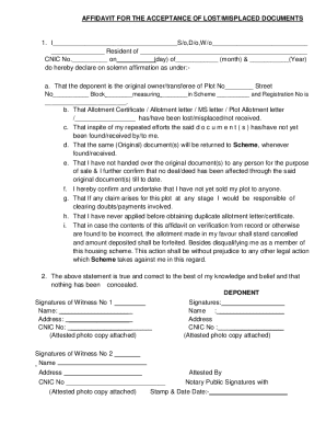 affidavit for the acceptance of lost/misplaced documents