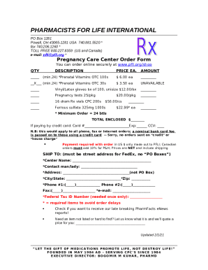 Pregnancy Care Center Order Form