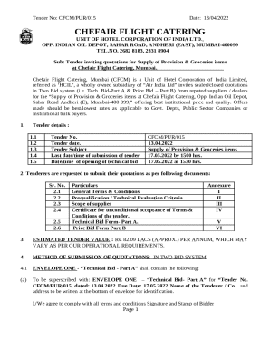 Sub: Tender inviting quotations for Supply of Provision & Groceries items