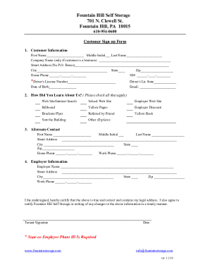 Fountain Hill Self Storage. Cust. Sign Up Form