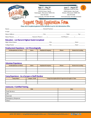 Please return completed application to the WeHaKee Camp for Girls Administrative Office