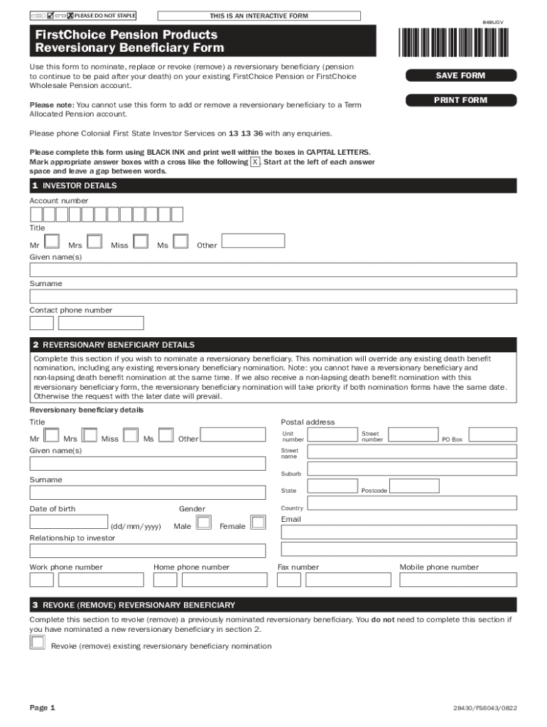 Fillable Online FCW Pension reversionary beneficiary form Fax Email ...