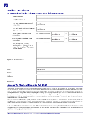 to be completed by the Claimant's usual GP at their own expense